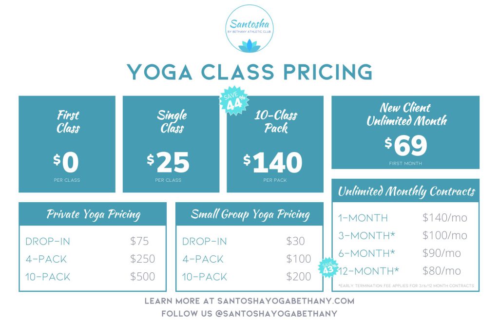 Price sheet at Santosha Yoga in Portland Oregon